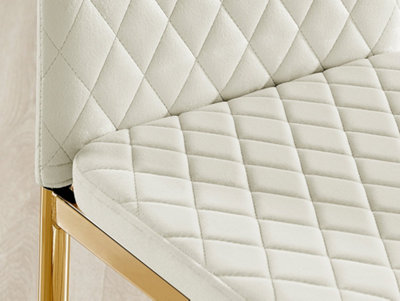 Furniturebox Set of 4 Milan Cream High Back Soft Touch Velvet Diamond Stitched Dining Chairs With Gold Chrome Metal Legs