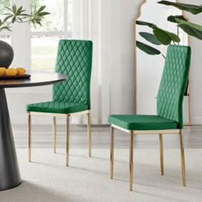 Furniturebox Set of 4 Milan Green High Back Soft Touch Velvet Diamond Stitched Dining Chairs With Gold Chrome Metal Legs
