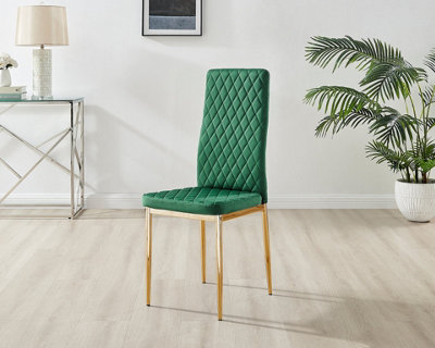 Furniturebox Set of 4 Milan Green High Back Soft Touch Velvet Diamond Stitched Dining Chairs With Gold Chrome Metal Legs