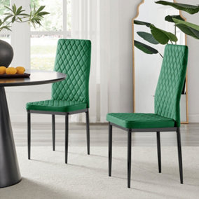 Furniturebox Set of 4 Milan Green High Back Soft Touch Velvet Diamond Stitched Dining Chairs With Industrial Black  Metal Legs