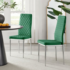 Furniturebox Set of 4 Milan Green High Back Soft Touch Velvet Diamond Stitched Dining Chairs With Silver Chrome Metal Legs