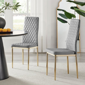 Furniturebox Set of 4 Milan Grey High Back Soft Touch Velvet Diamond Stitched Dining Chairs With Gold Chrome Metal Legs