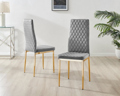 Furniturebox Set of 4 Milan Grey High Back Soft Touch Velvet Diamond Stitched Dining Chairs With Gold Chrome Metal Legs