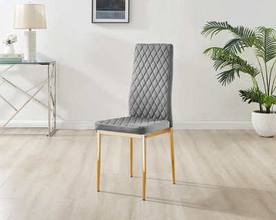 Furniturebox Set of 4 Milan Grey High Back Soft Touch Velvet Diamond Stitched Dining Chairs With Gold Chrome Metal Legs