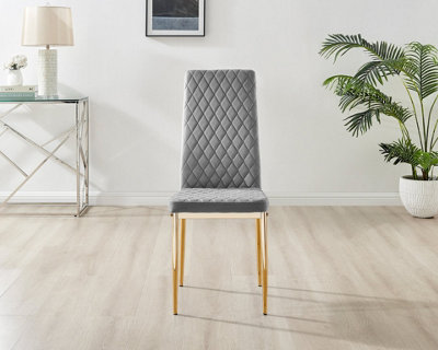 Furniturebox Set of 4 Milan Grey High Back Soft Touch Velvet Diamond Stitched Dining Chairs With Gold Chrome Metal Legs