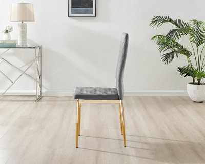 Furniturebox Set of 4 Milan Grey High Back Soft Touch Velvet Diamond Stitched Dining Chairs With Gold Chrome Metal Legs