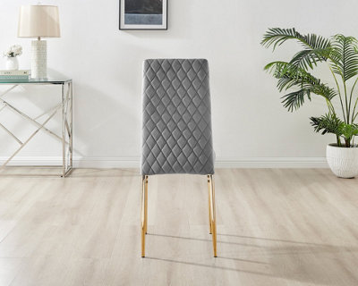 Furniturebox Set of 4 Milan Grey High Back Soft Touch Velvet Diamond Stitched Dining Chairs With Gold Chrome Metal Legs