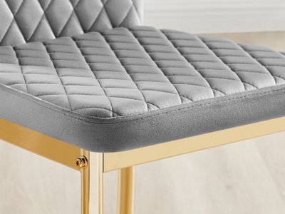 Furniturebox Set of 4 Milan Grey High Back Soft Touch Velvet Diamond Stitched Dining Chairs With Gold Chrome Metal Legs