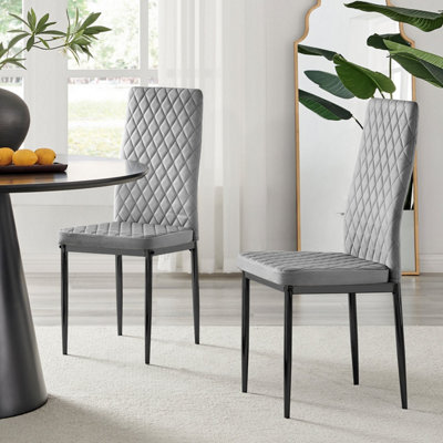 Furniturebox Set of 4 Milan Grey High Back Soft Touch Velvet Diamond Stitched Dining Chairs With Industrial Black  Metal Legs