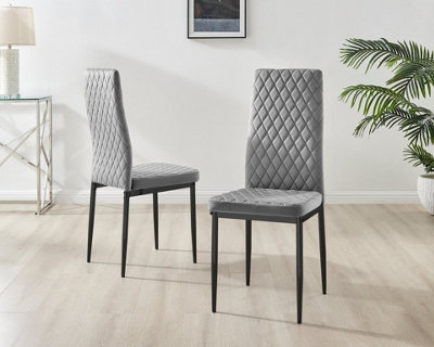 Furniturebox Set of 4 Milan Grey High Back Soft Touch Velvet Diamond Stitched Dining Chairs With Industrial Black  Metal Legs