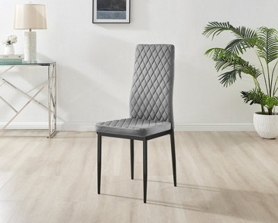 Furniturebox Set of 4 Milan Grey High Back Soft Touch Velvet Diamond Stitched Dining Chairs With Industrial Black  Metal Legs
