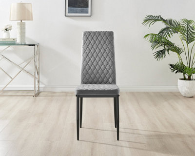 Furniturebox Set of 4 Milan Grey High Back Soft Touch Velvet Diamond Stitched Dining Chairs With Industrial Black  Metal Legs