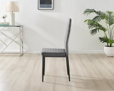 Furniturebox Set of 4 Milan Grey High Back Soft Touch Velvet Diamond Stitched Dining Chairs With Industrial Black  Metal Legs