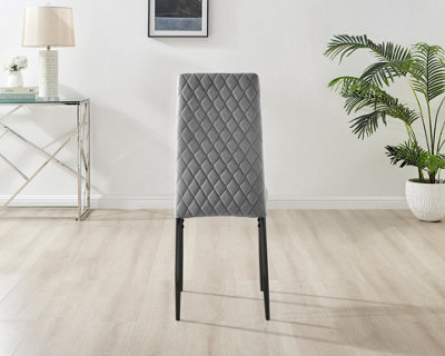 Furniturebox Set of 4 Milan Grey High Back Soft Touch Velvet Diamond Stitched Dining Chairs With Industrial Black  Metal Legs