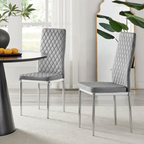 Furniturebox Set of 4 Milan Grey High Back Soft Touch Velvet Diamond Stitched Dining Chairs With Silver Chrome Metal Legs