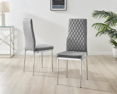 Furniturebox Set of 4 Milan Grey High Back Soft Touch Velvet Diamond Stitched Dining Chairs With Silver Chrome Metal Legs