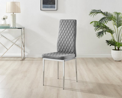 Furniturebox Set of 4 Milan Grey High Back Soft Touch Velvet Diamond Stitched Dining Chairs With Silver Chrome Metal Legs