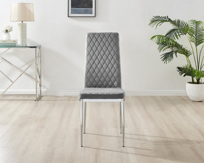 Furniturebox Set of 4 Milan Grey High Back Soft Touch Velvet Diamond Stitched Dining Chairs With Silver Chrome Metal Legs
