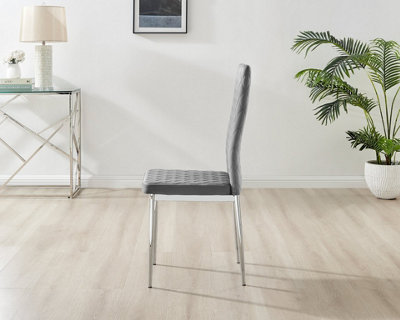 Furniturebox Set of 4 Milan Grey High Back Soft Touch Velvet Diamond Stitched Dining Chairs With Silver Chrome Metal Legs