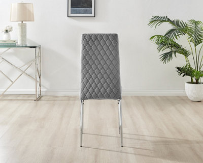 Furniturebox Set of 4 Milan Grey High Back Soft Touch Velvet Diamond Stitched Dining Chairs With Silver Chrome Metal Legs