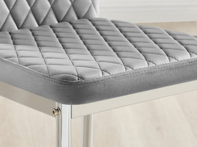 Furniturebox Set of 4 Milan Grey High Back Soft Touch Velvet Diamond Stitched Dining Chairs With Silver Chrome Metal Legs