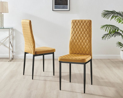 Furniturebox Set of 4 Milan Mustard High Back Soft Touch Velvet Diamond Stitched Dining Chairs With Industrial Black  Metal Legs