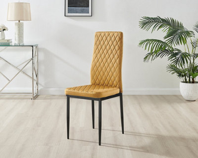Furniturebox Set of 4 Milan Mustard High Back Soft Touch Velvet Diamond Stitched Dining Chairs With Industrial Black  Metal Legs