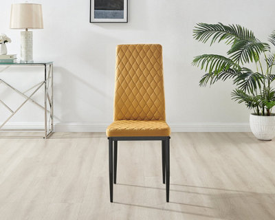 Furniturebox Set of 4 Milan Mustard High Back Soft Touch Velvet Diamond Stitched Dining Chairs With Industrial Black  Metal Legs