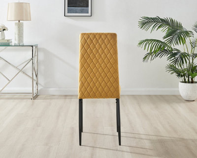 Furniturebox Set of 4 Milan Mustard High Back Soft Touch Velvet Diamond Stitched Dining Chairs With Industrial Black  Metal Legs
