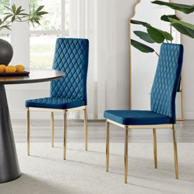 Furniturebox Set of 4 Milan Navy High Back Soft Touch Velvet Diamond Stitched Dining Chairs With Gold Chrome Metal Legs