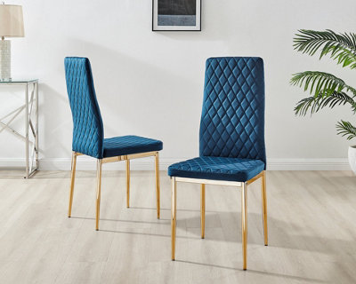 Furniturebox Set of 4 Milan Navy High Back Soft Touch Velvet Diamond Stitched Dining Chairs With Gold Chrome Metal Legs