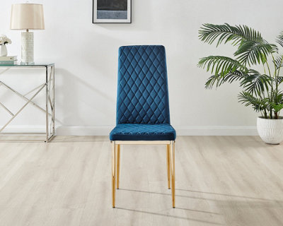 Furniturebox Set of 4 Milan Navy High Back Soft Touch Velvet Diamond Stitched Dining Chairs With Gold Chrome Metal Legs