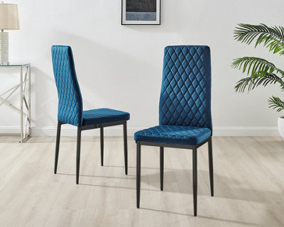 Furniturebox Set of 4 Milan Navy High Back Soft Touch Velvet Diamond Stitched Dining Chairs With Industrial Black  Metal Legs