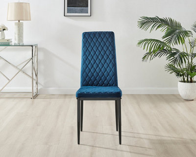 Furniturebox Set of 4 Milan Navy High Back Soft Touch Velvet Diamond Stitched Dining Chairs With Industrial Black  Metal Legs