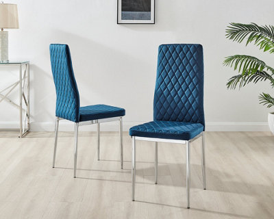 Furniturebox Set of 4 Milan Navy High Back Soft Touch Velvet Diamond Stitched Dining Chairs With Silver Chrome Metal Legs