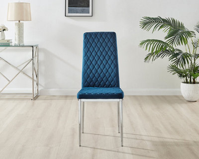 Furniturebox Set of 4 Milan Navy High Back Soft Touch Velvet Diamond Stitched Dining Chairs With Silver Chrome Metal Legs