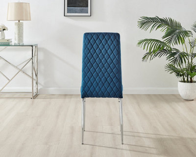 Furniturebox Set of 4 Milan Navy High Back Soft Touch Velvet Diamond Stitched Dining Chairs With Silver Chrome Metal Legs