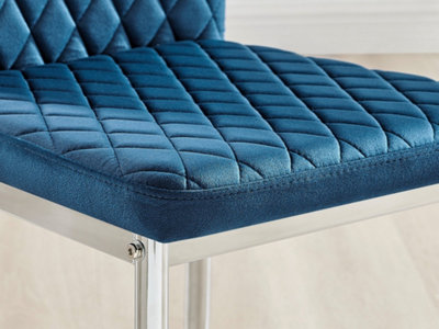 Furniturebox Set of 4 Milan Navy High Back Soft Touch Velvet Diamond Stitched Dining Chairs With Silver Chrome Metal Legs