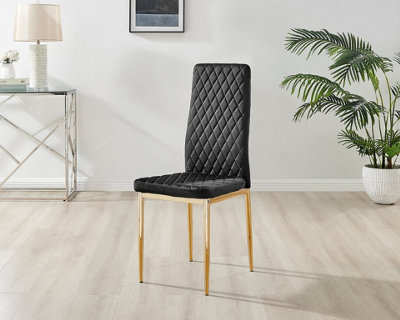 Furniturebox Set of 6 Milan Black High Back Soft Touch Velvet Diamond Stitched Dining Chairs With Gold Chrome Metal Legs