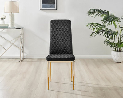 Furniturebox Set of 6 Milan Black High Back Soft Touch Velvet Diamond Stitched Dining Chairs With Gold Chrome Metal Legs