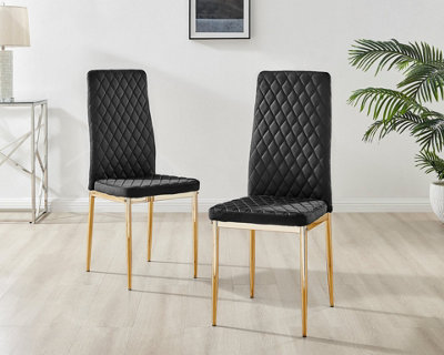 Furniturebox Set of 6 Milan Black High Back Soft Touch Velvet Diamond Stitched Dining Chairs With Gold Chrome Metal Legs