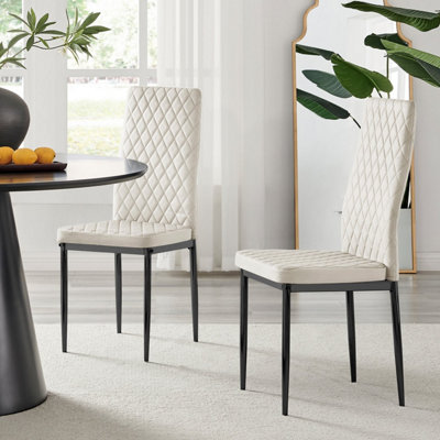 Furniturebox Set of 6 Milan Cream High Back Soft Touch Velvet Diamond Stitched Dining Chairs With Industrial Black  Metal Legs