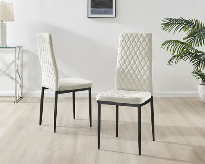 Furniturebox Set of 6 Milan Cream High Back Soft Touch Velvet Diamond Stitched Dining Chairs With Industrial Black  Metal Legs