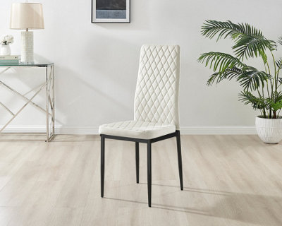 Furniturebox Set of 6 Milan Cream High Back Soft Touch Velvet Diamond Stitched Dining Chairs With Industrial Black  Metal Legs