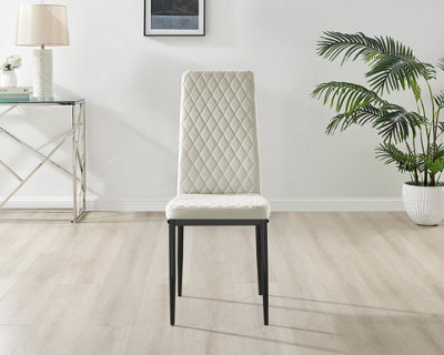 Furniturebox Set of 6 Milan Cream High Back Soft Touch Velvet Diamond Stitched Dining Chairs With Industrial Black  Metal Legs