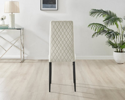 Furniturebox Set of 6 Milan Cream High Back Soft Touch Velvet Diamond Stitched Dining Chairs With Industrial Black  Metal Legs