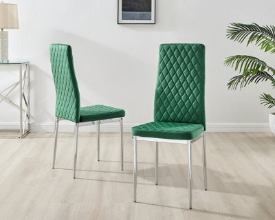 Furniturebox Set of 6 Milan Green High Back Soft Touch Velvet Diamond Stitched Dining Chairs With Silver Chrome Metal Legs