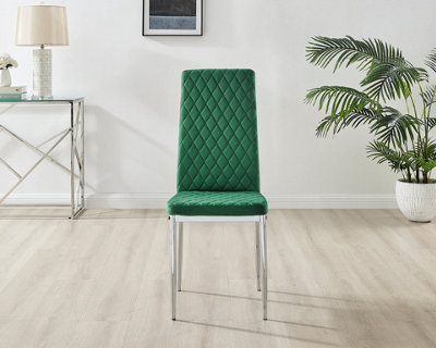 Furniturebox Set of 6 Milan Green High Back Soft Touch Velvet Diamond Stitched Dining Chairs With Silver Chrome Metal Legs