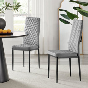 Furniturebox Set of 6 Milan Grey High Back Soft Touch Velvet Diamond Stitched Dining Chairs With Industrial Black  Metal Legs