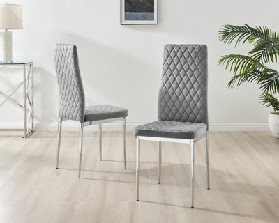 Furniturebox Set of 6 Milan Grey High Back Soft Touch Velvet Diamond Stitched Dining Chairs With Silver Chrome Metal Legs